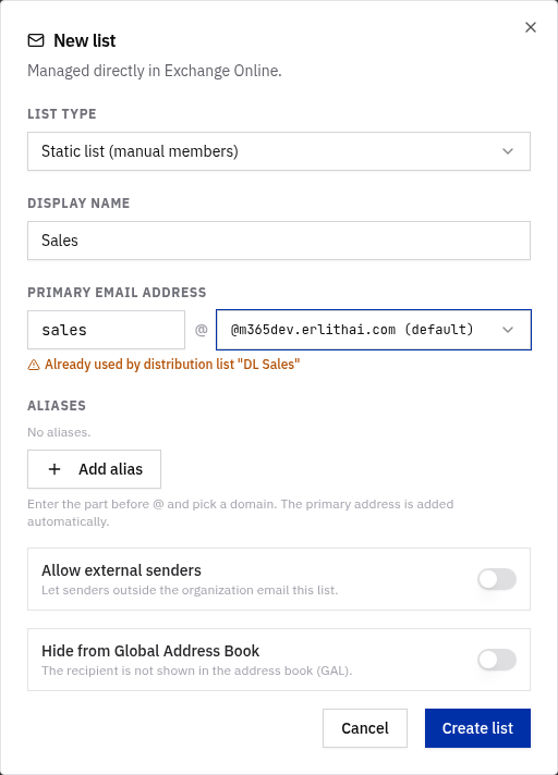 Distribution list — address already in use, with the Hide from Global Address Book toggle