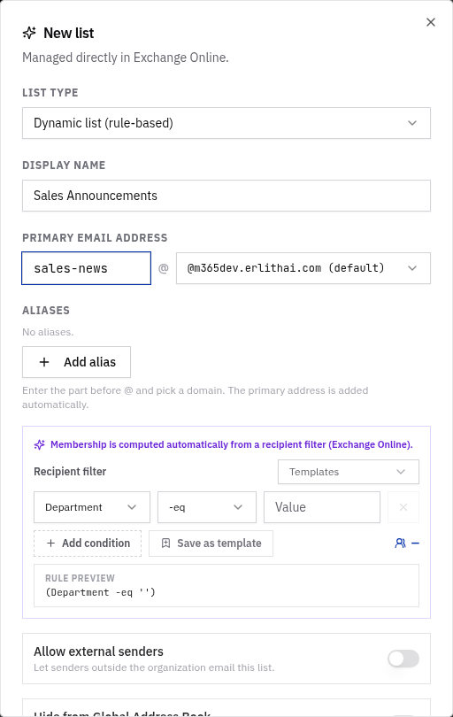The distribution list wizard set to Dynamic, showing the type selector, domain dropdown, aliases and rule editor