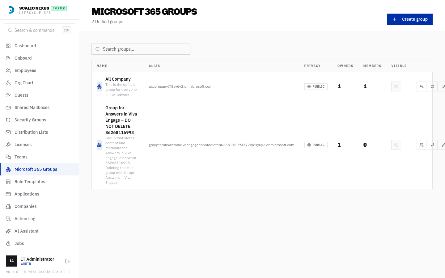Microsoft 365 groups list with the alias domain and the Visible toggle column