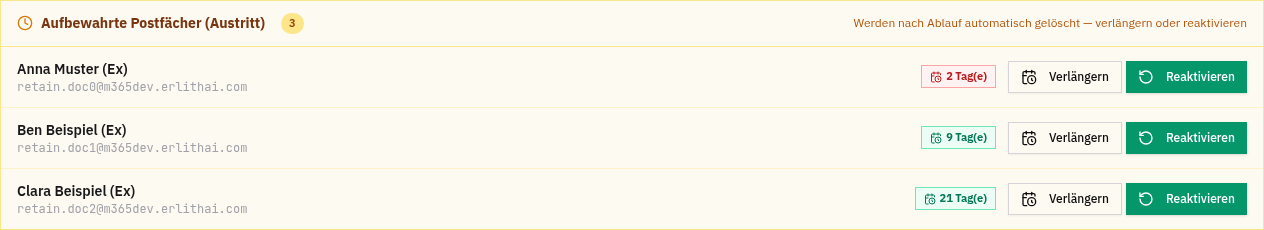 Retained shared mailboxes — countdown, Extend and Reactivate